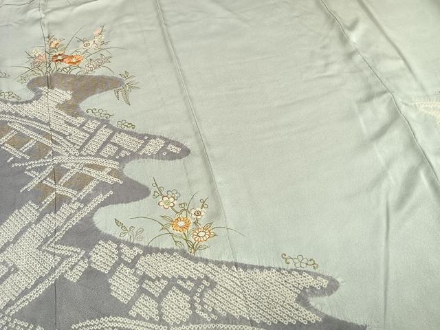 平和屋着物▽訪問着　単衣　駒刺繍　絞り　草花文　金彩　正絹　逸品　AAAW1493fy