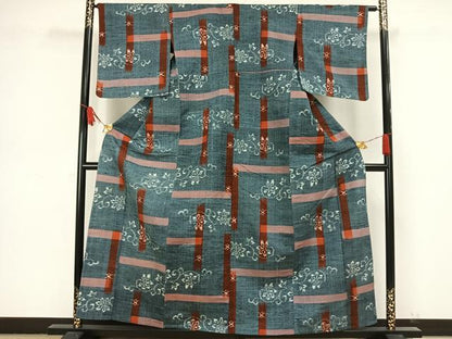 平和屋着物▽上質な紬 単衣 草花文 正絹 逸品 AAAW1494fy