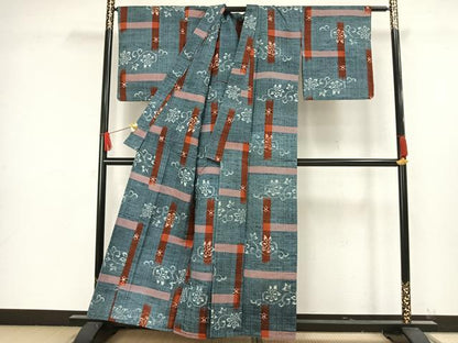 平和屋着物▽上質な紬 単衣 草花文 正絹 逸品 AAAW1494fy