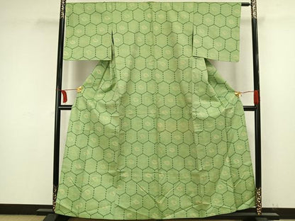 平和屋着物▽上質な紬　単衣　亀甲花鳥文　正絹　逸品　AAAW1495fy