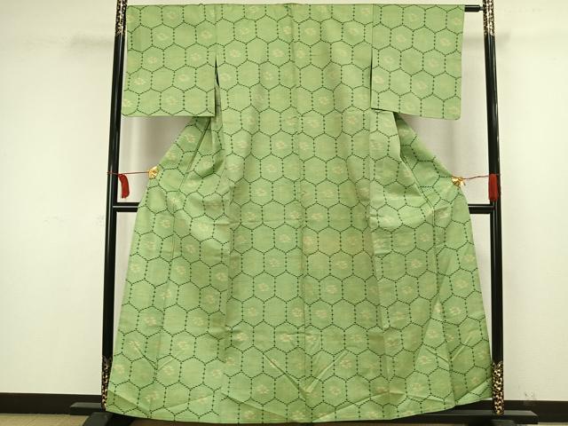 平和屋着物▽上質な紬　単衣　亀甲花鳥文　正絹　逸品　AAAW1495fy