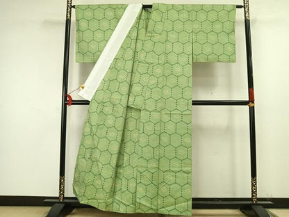 平和屋着物▽上質な紬　単衣　亀甲花鳥文　正絹　逸品　AAAW1495fy