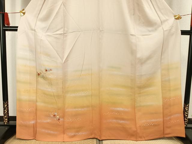 平和屋着物▽訪問着　単衣　中国三大刺繍　相良刺繍　枝花文　暈し染め　金糸　銀彩　正絹　逸品　AAAW1497fy