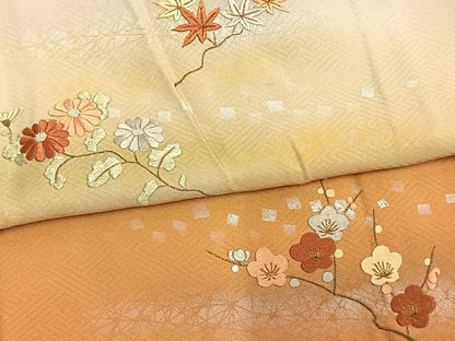 平和屋着物▽訪問着　単衣　中国三大刺繍　相良刺繍　枝花文　暈し染め　金糸　銀彩　正絹　逸品　AAAW1497fy