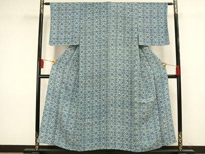 平和屋着物▽上質な小紋　単衣　型染め　藍　幾何学文様　正絹　逸品　未使用　AAAW1501fy