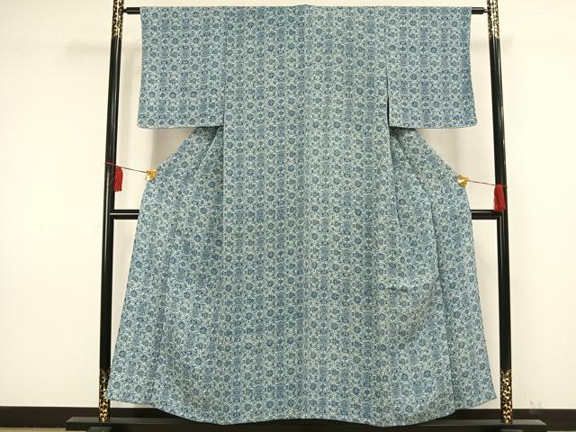 平和屋着物▽上質な小紋　単衣　型染め　藍　幾何学文様　正絹　逸品　未使用　AAAW1501fy