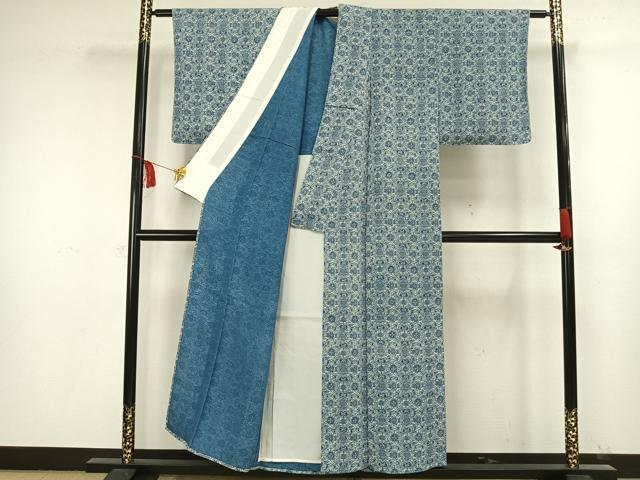 平和屋着物▽上質な小紋　単衣　型染め　藍　幾何学文様　正絹　逸品　未使用　AAAW1501fy
