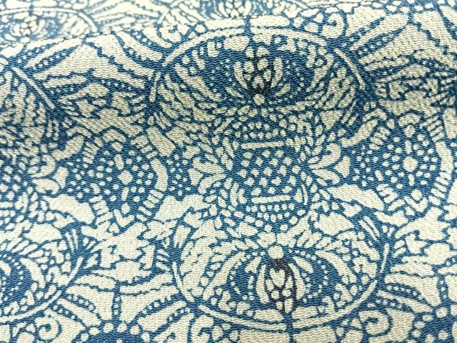 平和屋着物▽上質な小紋　単衣　型染め　藍　幾何学文様　正絹　逸品　未使用　AAAW1501fy