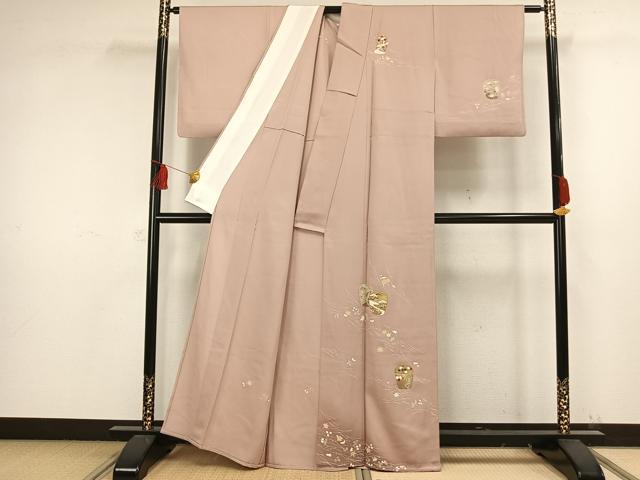 平和屋着物▽訪問着　単衣　駒刺繍　陶器草花文　金彩　正絹　逸品　AAAW1502fy