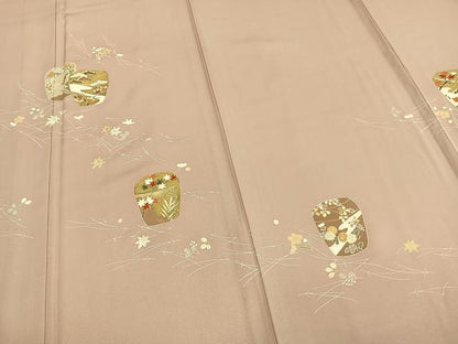 平和屋着物▽訪問着　単衣　駒刺繍　陶器草花文　金彩　正絹　逸品　AAAW1502fy