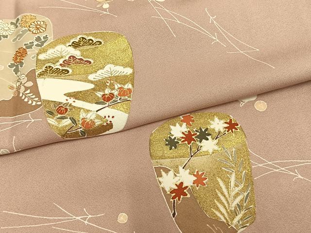平和屋着物▽訪問着　単衣　駒刺繍　陶器草花文　金彩　正絹　逸品　AAAW1502fy
