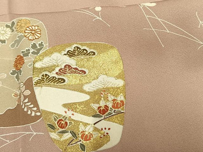 平和屋着物▽訪問着　単衣　駒刺繍　陶器草花文　金彩　正絹　逸品　AAAW1502fy