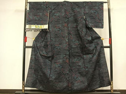 平和屋着物▽結城紬　単衣　切嵌文　証紙付き　正絹　逸品　AAAW1504fy