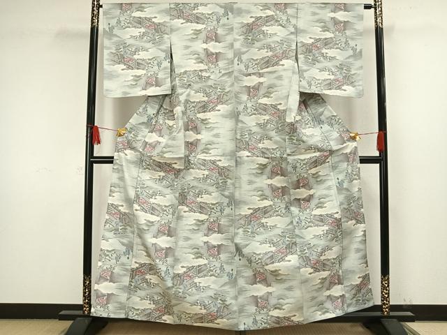 平和屋着物▽本場大島紬 単衣 白大島 9マルキ 総絣 人物風景文 正絹 逸品 未使用 AAAW1505fy