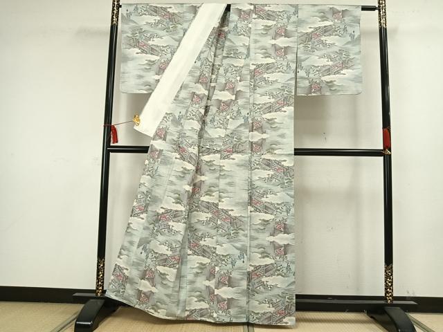 平和屋着物▽本場大島紬 単衣 白大島 9マルキ 総絣 人物風景文 正絹 逸品 未使用 AAAW1505fy
