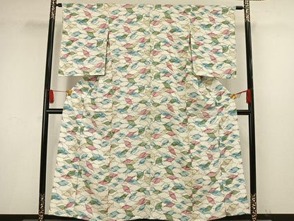 平和屋着物▽上質な小紋　単衣　舞葉文　正絹　逸品　AAAW1507fy