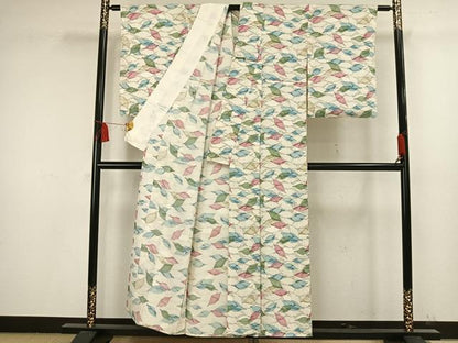 平和屋着物▽上質な小紋　単衣　舞葉文　正絹　逸品　AAAW1507fy