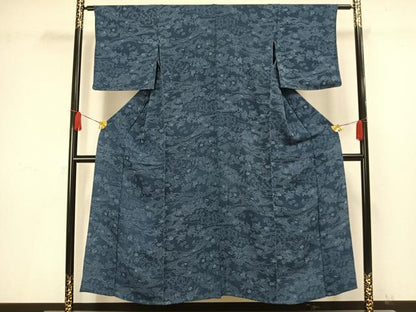 平和屋着物▽上質な小紋　単衣　型染め　藍　草花文　鬼しぼ縮緬　正絹　逸品　AAAW1509fy