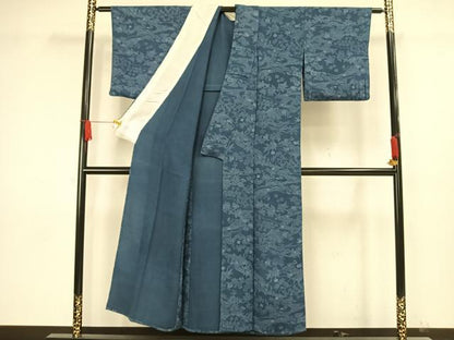 平和屋着物▽上質な小紋　単衣　型染め　藍　草花文　鬼しぼ縮緬　正絹　逸品　AAAW1509fy