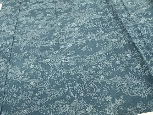 平和屋着物▽上質な小紋　単衣　型染め　藍　草花文　鬼しぼ縮緬　正絹　逸品　AAAW1509fy