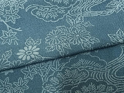 平和屋着物▽上質な小紋　単衣　型染め　藍　草花文　鬼しぼ縮緬　正絹　逸品　AAAW1509fy