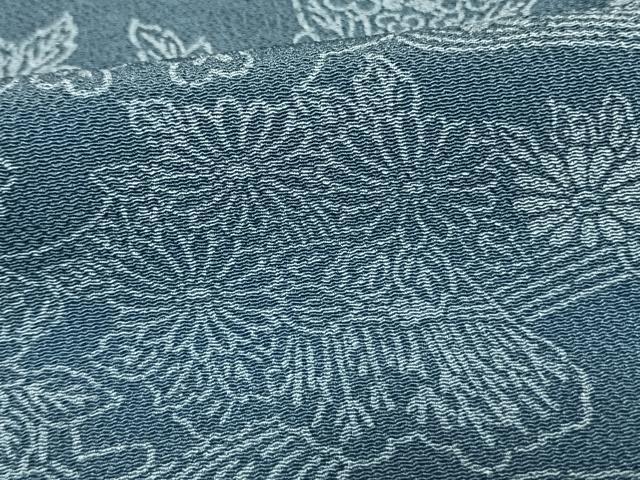 平和屋着物▽上質な小紋　単衣　型染め　藍　草花文　鬼しぼ縮緬　正絹　逸品　AAAW1509fy