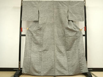 平和屋着物▽上質な紬　単衣　笹葉文　正絹　逸品　AAAW1515fy
