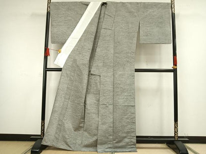 平和屋着物▽上質な紬　単衣　笹葉文　正絹　逸品　AAAW1515fy