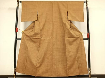 平和屋着物▽上質な紬　単衣　色無地　黄唐茶色　正絹　逸品　AAAW1516fy