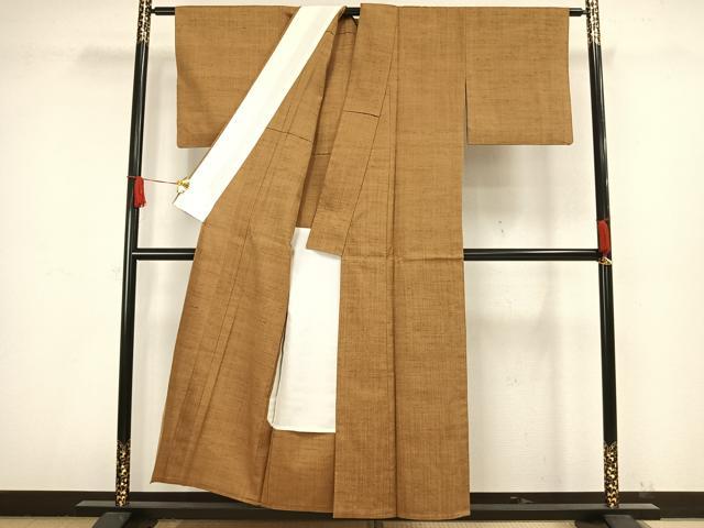 平和屋着物▽上質な紬　単衣　色無地　黄唐茶色　正絹　逸品　AAAW1516fy
