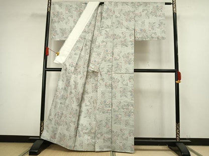 平和屋着物▽上質な紬 単衣 草花文 正絹 逸品 未使用 AAAW1520fy