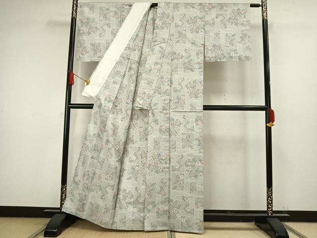 平和屋着物▽上質な紬 単衣 草花文 正絹 逸品 未使用 AAAW1520fy