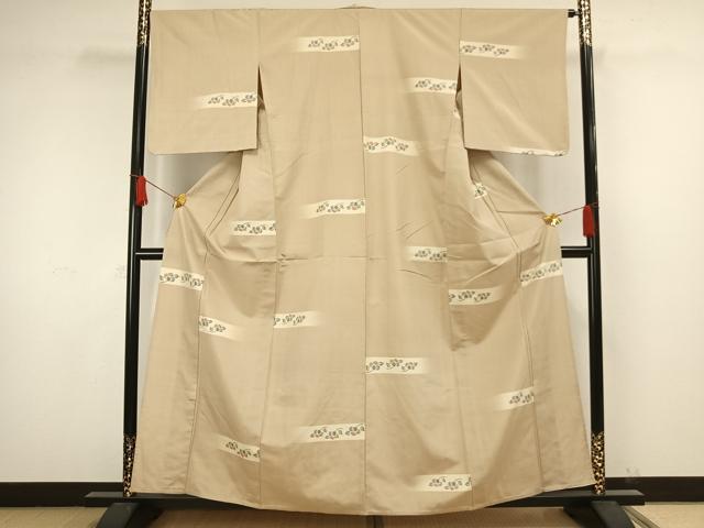 平和屋着物▽上質な紬 単衣 横段草花文 正絹 逸品 AAAW1521fy