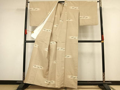 平和屋着物▽上質な紬 単衣 横段草花文 正絹 逸品 AAAW1521fy