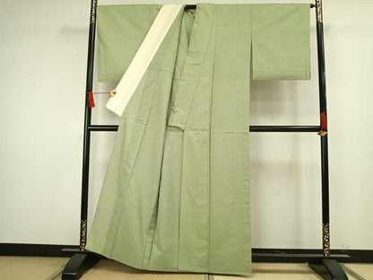 平和屋着物▽上質な紬 単衣 色無地 裏葉柳色 正絹 逸品 AAAW1522fy