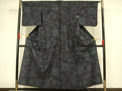 平和屋着物▽結城紬 単衣 草花文 正絹 逸品 AAAW1523fy