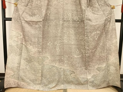 平和屋着物▽訪問着 単衣 紬地 舞蝶花鳥文 正絹 逸品 AAAW1524fy