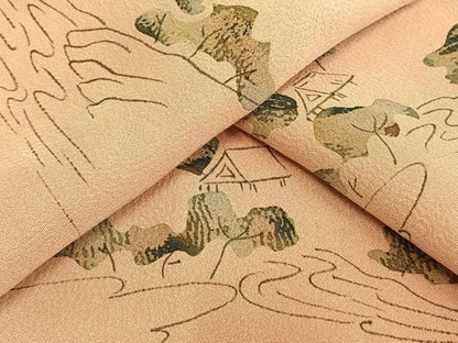 平和屋着物▽上質な小紋 単衣 風景文 暈し染め 正絹 逸品 AAAW1534fy
