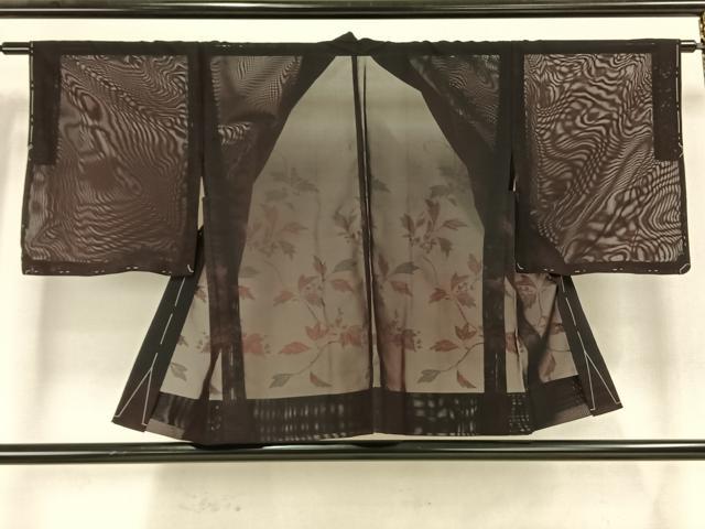 平和屋着物▽羽織　スリーシーズン　春夏秋　塵除け　紗　枝葉文　黒地　正絹　逸品　未使用　AAAW1540fy