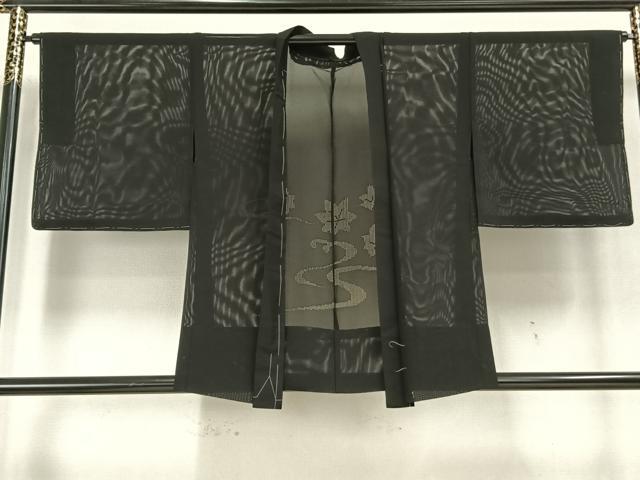 平和屋着物▽羽織 スリーシーズン 春夏秋 塵除け 流水花紋紗 黒地 正絹 逸品 未使用 AAAW1543fy