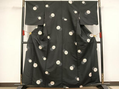 平和屋着物▽小紋　単衣　雪輪花文　黒地　洗える着物　AAAW1545fy