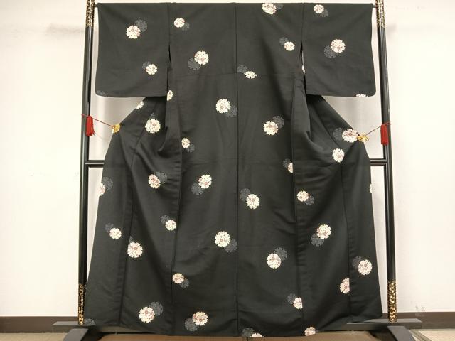 平和屋着物▽小紋　単衣　雪輪花文　黒地　洗える着物　AAAW1545fy