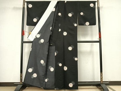 平和屋着物▽小紋　単衣　雪輪花文　黒地　洗える着物　AAAW1545fy