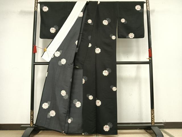 平和屋着物▽小紋　単衣　雪輪花文　黒地　洗える着物　AAAW1545fy