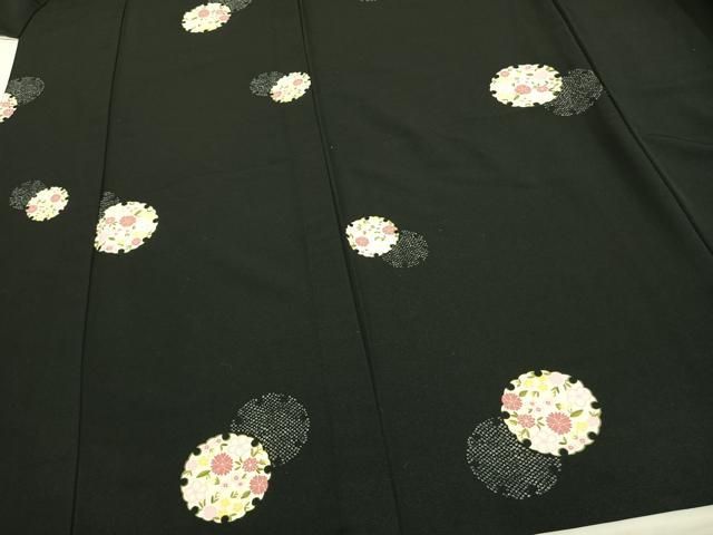 平和屋着物▽小紋　単衣　雪輪花文　黒地　洗える着物　AAAW1545fy
