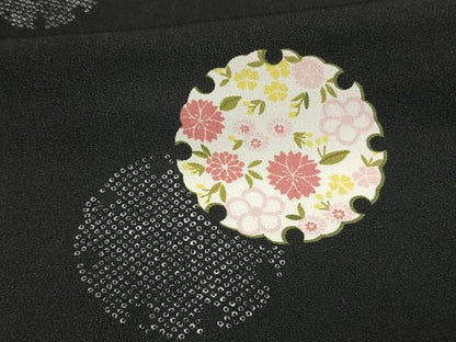 平和屋着物▽小紋　単衣　雪輪花文　黒地　洗える着物　AAAW1545fy