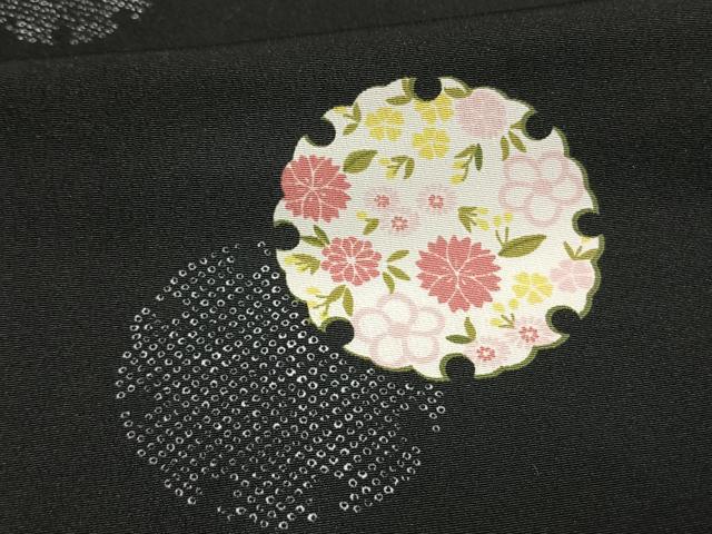 平和屋着物▽小紋　単衣　雪輪花文　黒地　洗える着物　AAAW1545fy