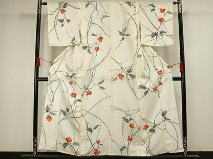 平和屋着物▽上質な小紋　単衣　手描き　草花文　正絹　逸品　AAAW1546fy