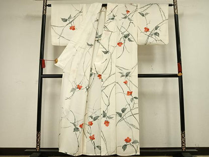 平和屋着物▽上質な小紋　単衣　手描き　草花文　正絹　逸品　AAAW1546fy