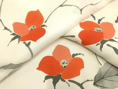 平和屋着物▽上質な小紋　単衣　手描き　草花文　正絹　逸品　AAAW1546fy